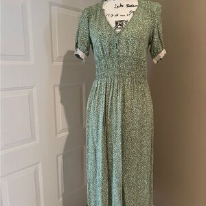 Zara Green Puff Sleeve Smocked Midi Sundress
